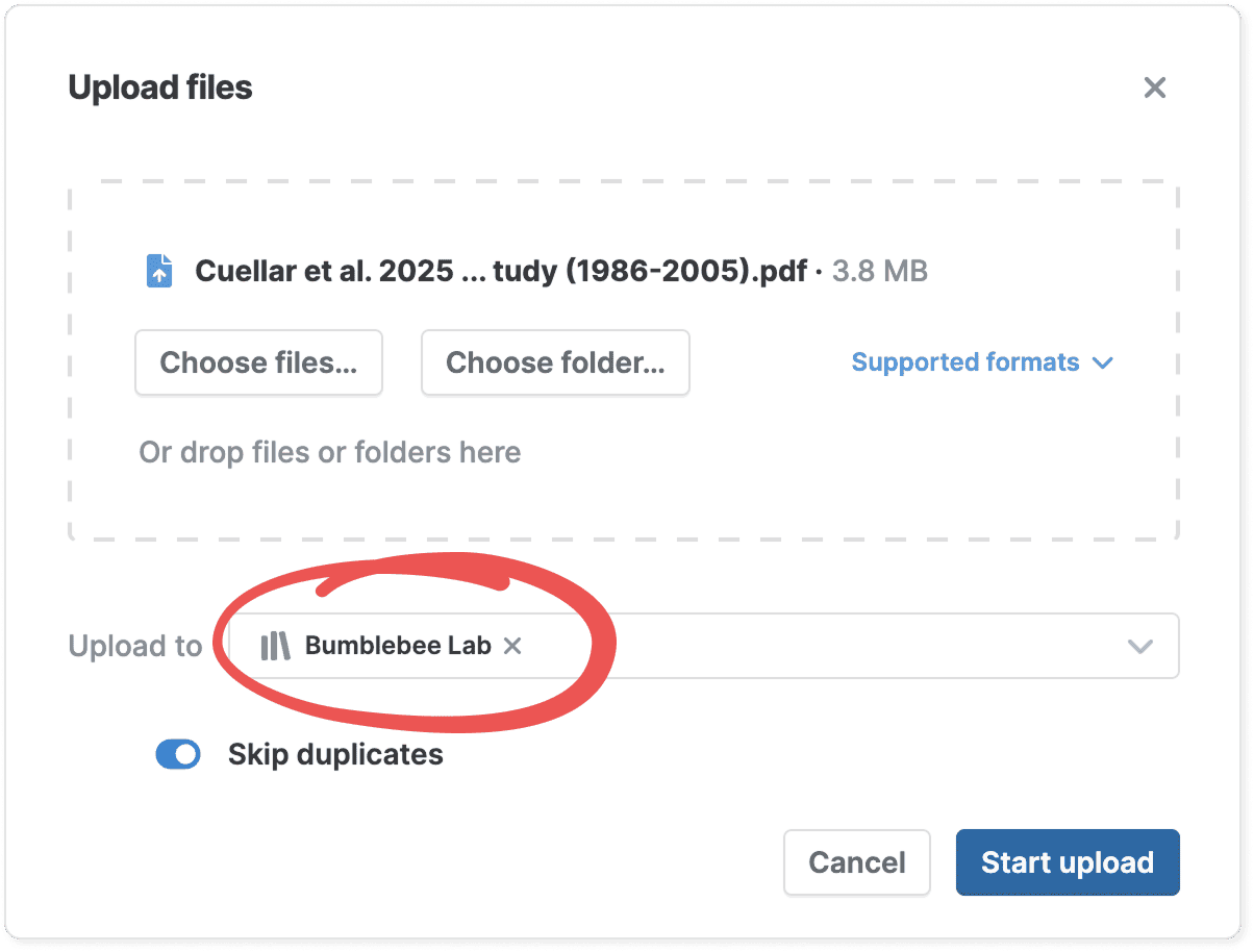 The Upload files dialog with a PDF queued and the “Upload to” selector circled and set to the Bumblebee Lab shared library, above a “Skip duplicates” toggle and a “Start upload” button.